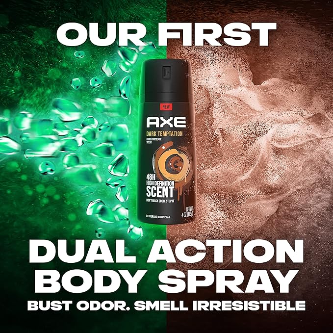 AXE Dual Action Body Spray Deodorant for Long Lasting Odor Protection Dark Temptation Body Spray Deodorant for Men Formulated Without Aluminum 4. 0 oz, Twin Pack