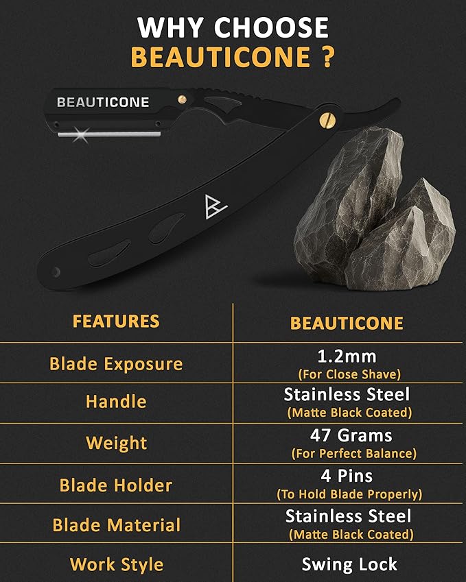 BEAUTICONE Straight Razors for Men, Straight Edge Razor, 100 SingleEdge Blades, Stainless Steel, Barber Razor for Men's Shaving, Barber Shaving Knife, Swinglock