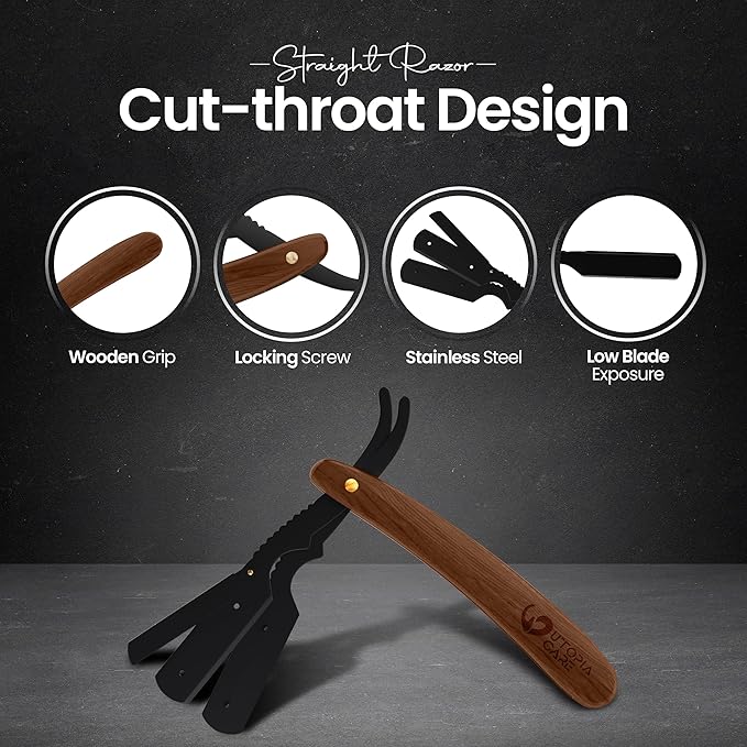 Utopia Care Straight Razors For Men, Professional Barber Straight Edge Razor with 100 Single Edge Blades, Stainless Steel, Beard Shaving Kit For Men, Premium Smooth Natural Wooden Grip, Dark Brown