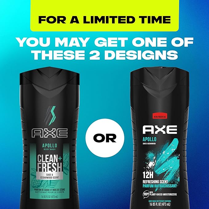 AXE Body Wash Apollo for Long Lasting Freshness Sage & Cedarwood Men's Body Wash with Odor-Busting Prebiotics 16 oz,(Pack of 8)