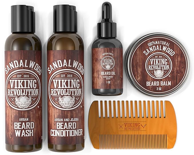 Viking Revolution Ultimate Conditioner for Men's Beard Grooming - Softens, Smoothes and Soothes Beard Itch- Contains Wash, Conditioner, Oil, Balm and Comb- Sandalwood Scent