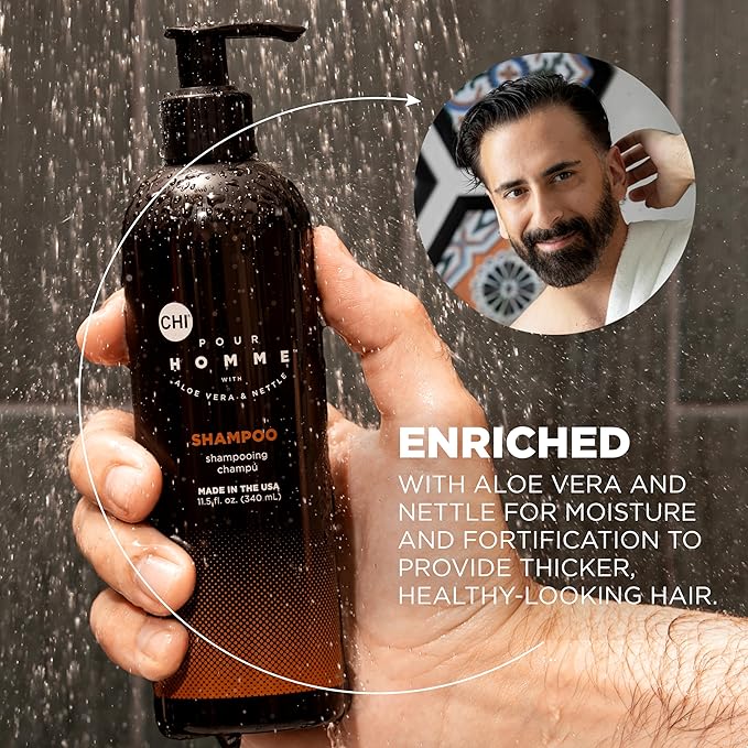 CHI Pour Homme Moisturizing Daily Shampoo for Men, Sulfate-Free Hair Cleanser with Aloe Vera & Nettle, Hydrates & Fortifies for Thicker, Healthier Hair, Fresh Woody Scent, 25 oz