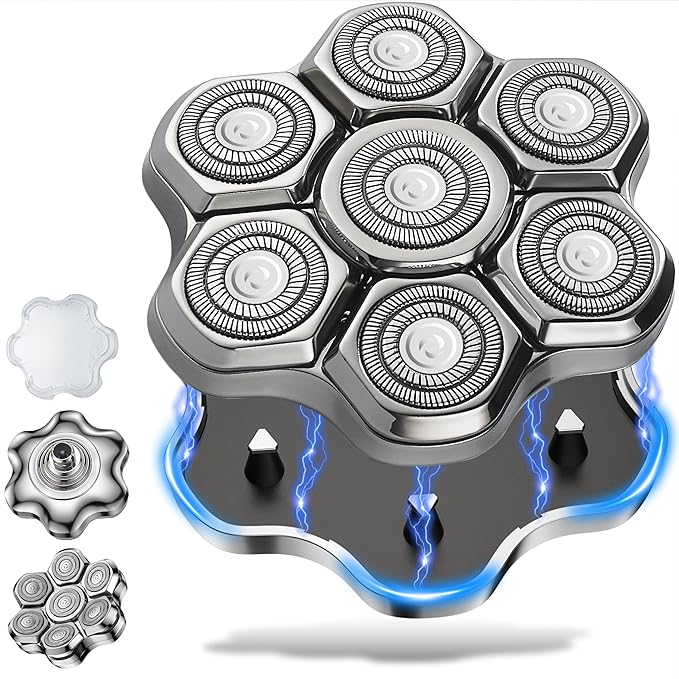Magnetic Head Shaver Replacement Heads 7 Double Ring Waterproof Rotary Razor Blades for Bald Men Compatible with freebird wyklaus shpavver & Other Brands(silverm7)