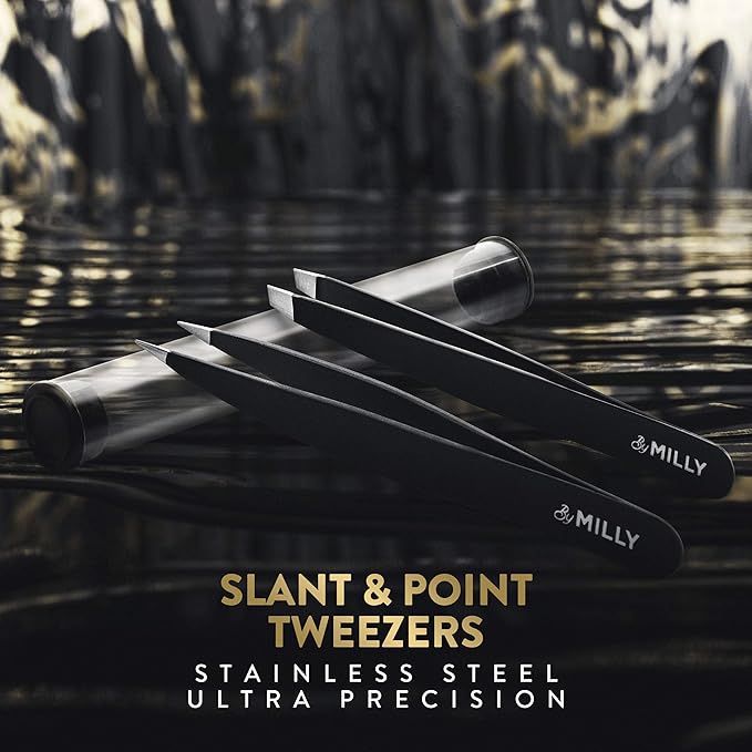 Precision Tweezers Set | Slanted & Pointed Tip Tweezers Kit | High Carbon Stainless Steel | Aligned & Hand-Filed Tweezer Set Professional | Hair Removal & Eyebrow Tweezer Set | Black
