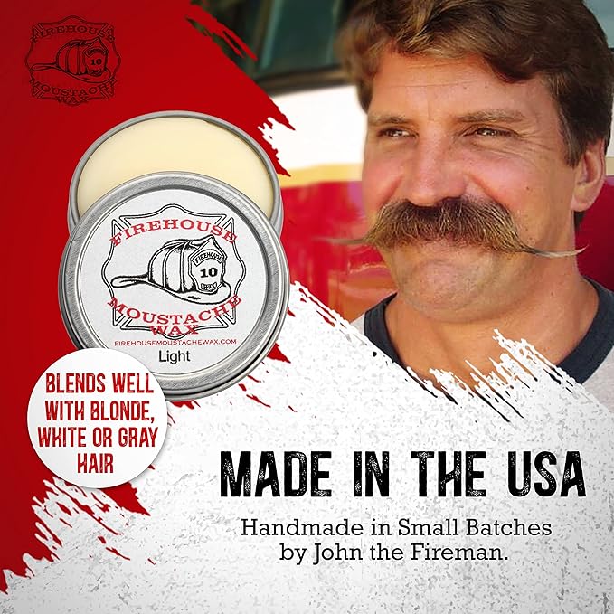 Firehouse Moustache Wax - Made in USA - Light Hold Mustache & Beard Wax - All-Weather, Naturally Scented and Colored (LIGHT, 1 Ounce Tin) - Handmade in Small Batches by John the Fireman