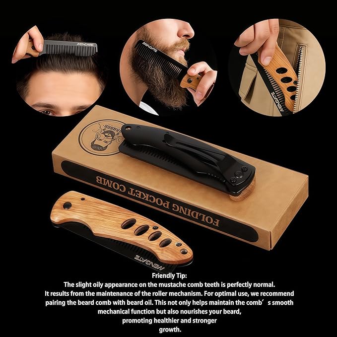 1PC Small Folding Pocket Beard & Mustache & Hair Styling Comb for Men - Metal Tactical Grooming Tool with Wooden Handle for Travel & Home Use - Idea for Stocking Stuffers - Length 6.57inch - Black