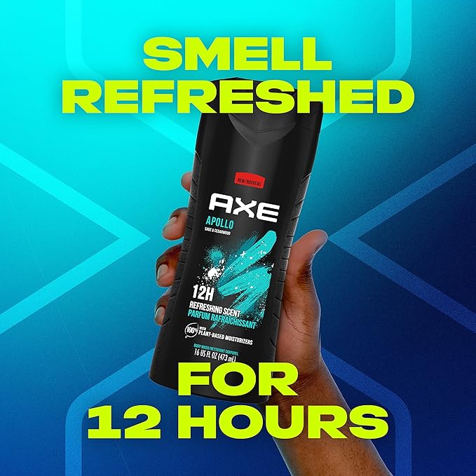 AXE Body Wash Apollo for Long Lasting Freshness Sage & Cedarwood Men's Body Wash with Odor-Busting Prebiotics 16 oz,(Pack of 8)