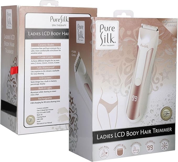 Pure Silk Body Hair Trimmer for Women, Rechargeable Women’s Trimmer for Body Hair with 4 Guide Combs, Hypoallergenic and Heat-Resistant Ceramic Blades, LCD Screen, Built in Light, Waterproof