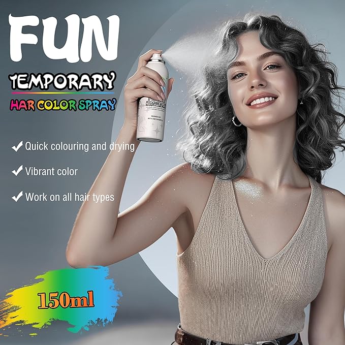 Grey Temporary Hair Color Spray - Gentle Formula, Washable & Non-Sticky | Silver Gray Instant Hair Dye Alternative for Adults | Halloween, Costume, Party Makeup, 150ml