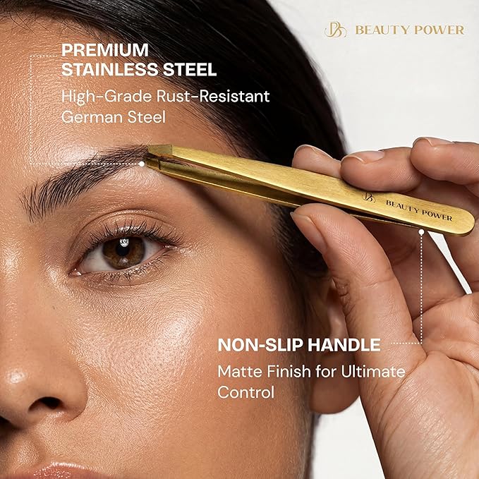 Professional Tweezers in Case - Slant, Durable Lightweight German Stainless Steel, Ultra Precision Tweezers for Eyebrows, Facial Hair, Chin, and Ingrown Hair Removal - Gift (Gold)