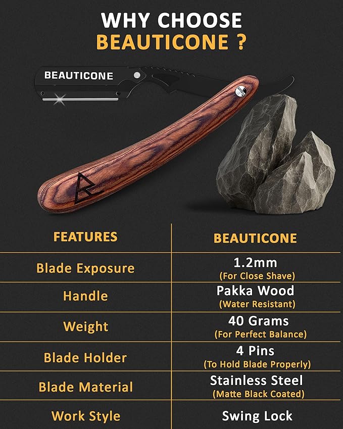BEAUTICONE Straight Razors for Men, Straight Edge Razor, 100 Single Edge Blades, Stainless Steel, Barber Razor for Men's Shaving, Barber Shaving Knife, Wooden, Swinglock