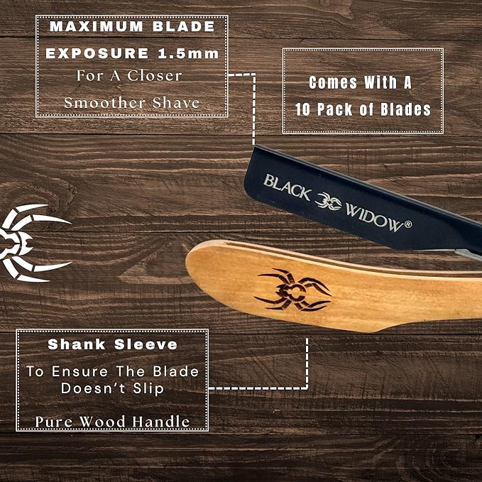 Black Widow Straight Razors for Men - Professional Barber Straight Edge Razor Kit with 10 Blades, Wooden Stainless Steel Barbero Shaver for a Smooth & Premium Barber Razor for Men's Shaving