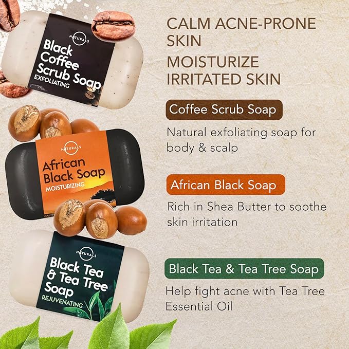 O NATURALS 100% Natural Bar Soap - Gift Set - Organic Ingredients & Essential Oils - Spa Gifts for Women & Men, Body Wash & Face Soap - 6PC Black Soap Collection