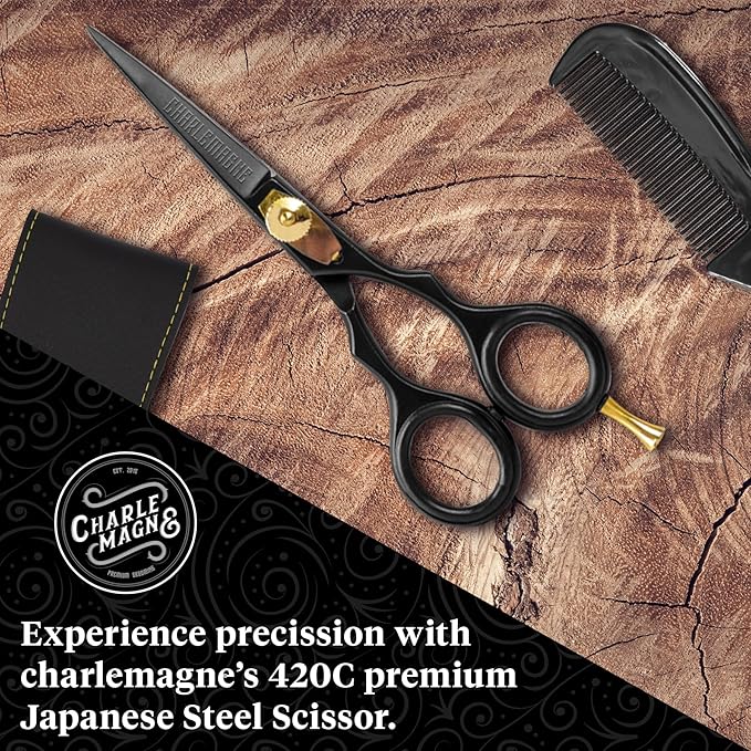 Charlemagne Hand-Forged Japanese Steel Beard & Mustache Scissors - 5.5in, Black - Precision Cutting & Beard Trimming Kit - Sharp Blades & Mustache Grooming Kit - Versatile Nose & Hair Scissors