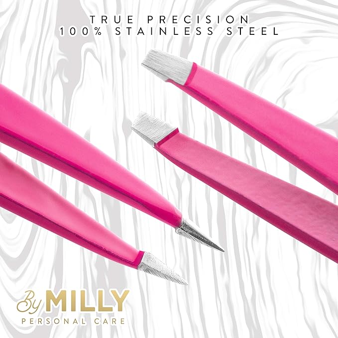 Precision Tweezers Set | Slanted and Pointed Tip Tweezers Kit | High Carbon Stainless Steel | Aligned & Hand-Filed Tweezer Set Professional | Hair Removal & Eyebrow Tweezer Set | Pink