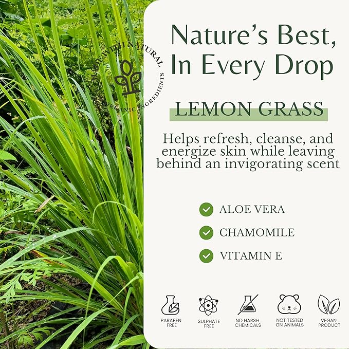 Lemongrass Body Wash with Vitamin E, Cleanses, Refreshes & Invigorates, Shower Gel for Dry and Sensitive Skin, Women & Men, Organic & Natural, 16 fl oz
