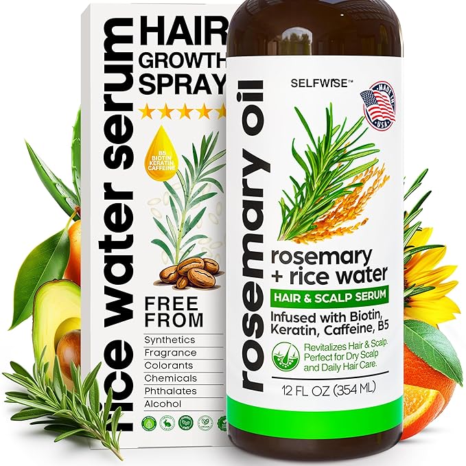 Rosemary Oil and Rice Water Hair Growth Spray - Serum with Biotin, Keratin, Caffeine, Vitamins C & B5 for Hair Mask, Hair Care, Scalp Treatment, Thickening Dry Damaged Hair for Women & Men 12oz
