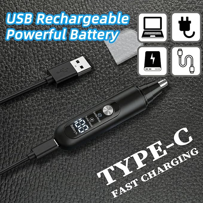 Ear & Nose Hair Trimmer, Professional Painless Eyebrow and Facial Hair Trimmer for Men and Women, C-Type Rechargeable, Waterproof Double Edged Blade (Carbon Black)