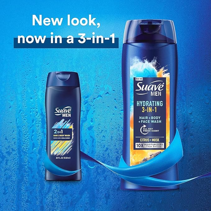 Suave Men Moisturizing Body, Face and Hair Wash, 3-in-1 For Hydrated Skin and Hair, Citrus & Musk scent, No Parabens, No Phtahaltes, 18 Oz, (Pack of 12)