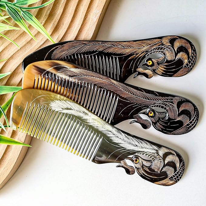 Symbol of Virtue and Grace, Natural Buffalo Horn Comb, Bone Ox Horn Anti Static for Hair, Horn Combs for Women Christmas's Gift (Phoenix)