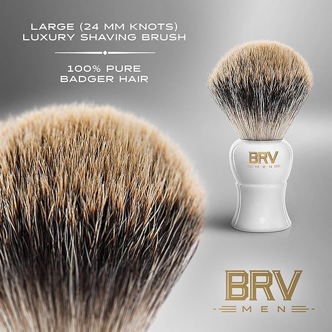 BRV MEN Pure Badger Shaving Brush LARGE (24mm knots) - Heavy Resin Handle - Use with Double-Edge Safety Razor, Straight Razor and Shaving Bowl - White