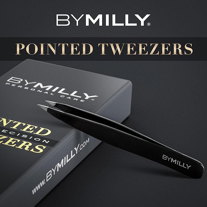 Pointed Tweezers | High Carbon Stainless Steel Needle Nose | Fine Point Precision Hair Removal | Perfectly Aligned & Hand-Filed Sharp | Black