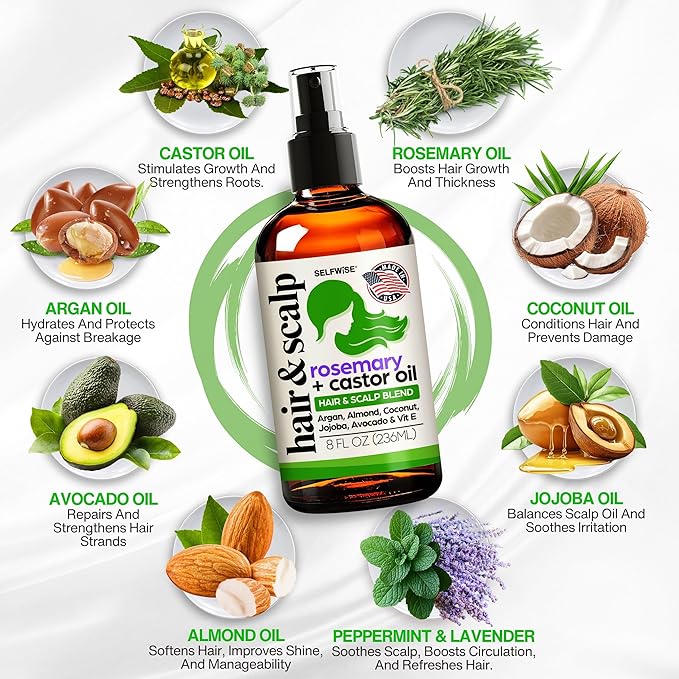Organic Rosemary Oil For Hair Growth with Castor, Argan, Coconut, Almond, Jojoba, Avocado, Grapeseed, Vitamin E, Lavender & Peppermint for Hair & Scalp Treatment, All Hair Types, Men & Women 8oz