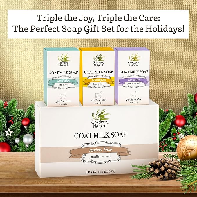Southern Natural Goat Milk Soap Bar (Variety 3 Pack) Lavender, Lemongrass, Spa Fusion - For Dry Sensitive Skin. Natural Handmade Soap For Face and Body.(Each Bar 4-4.5 oz)