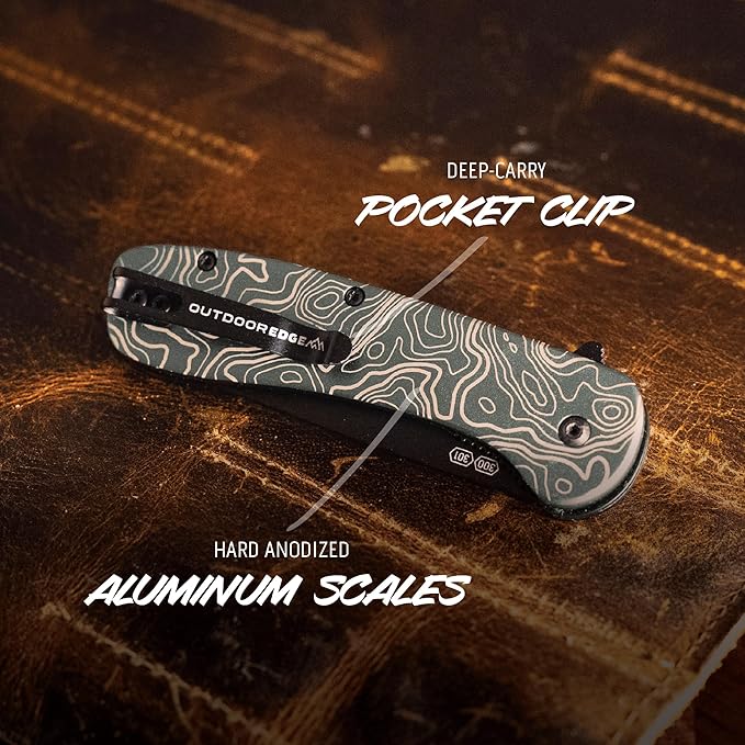 OUTDOOR EDGE RAZOR VX1 | Topo Map Etching | Replaceable Blade EDC Folding Pocket Knife | 3" Stainless Blade, Green Anodized Aluminum Handle, Reversible Pocket Clip | Cool Knife for Men