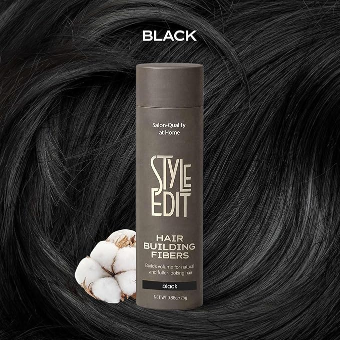 Style Edit Hair Building Fibers for Thinning Hair | Conceals Receding Hairlines, Fine Hair & Bald Spots for Fuller looking hair, 100% Plant-Based Thickening Powder for Men & Women, Black 0.88oz