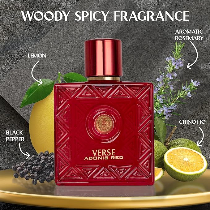 Verse Adonis Red for Men - 100ml Eau De Parfum Spray - Fruity Warm & Floral Fragrance Smell Fresh All Day Long Lasting Includes NovoGlow Carrying Pouch Gift for All Occasions