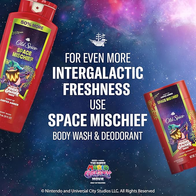 Old Spice Body & Face Wash for Men, x The Super Mario Galaxy Movie, 3X Defense, 24/7 Shower Fresh with Long Lasting Scent, Smell Super with Space Mischief, Amped Amber Scent, 24 oz