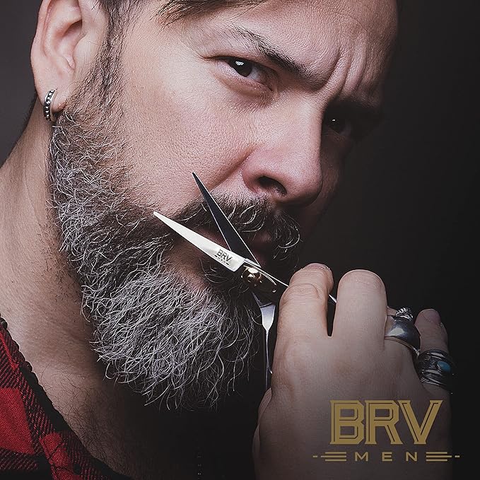 BRV MEN Beard & Mustache Scissors - 5" - High Carbon Stainless Steel - Razor Sharp Facial Hair Trimming Shears - RIGHT HANDED, Silver
