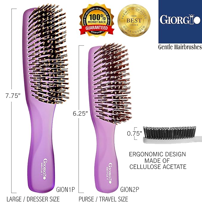 Giorgio GION1-2PP Neon Purple Set of 2 Gentle Touch Detangler Hair Brush for Men and Women. Soft Bristles for Sensitive Scalp. Wet/Dry for all Hair Types. Scalp Massager Brush Stimulate Hair Growth