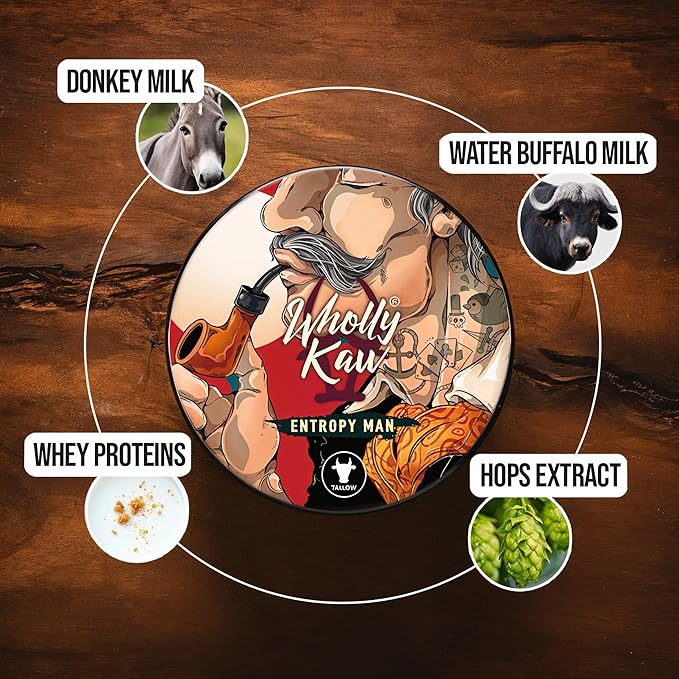 Entropy Man Tallow Shaving Soap. Enriched with Donkey Milk, Water Buffalo Milk, Whey Proteins, Omega 3, Omega 6, Hops Extract. Tobacco, Leather, Plum, Rum, Hay