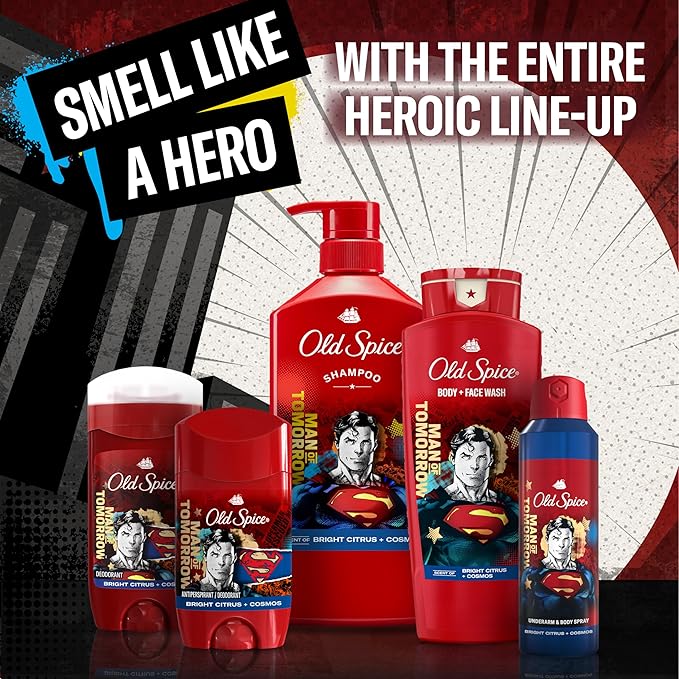 Old Spice Body Wash for Men, Superman: Man of Tomorrow, 3X Defense, 24/7 Shower Fresh with Lasting Scent, Cleansing 2-in-1 Body & Face Wash, Smell Like a Hero, Bright Citrus and Cosmos Scent, 24 oz