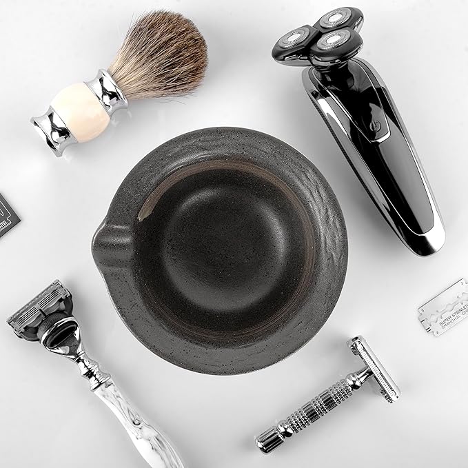 Linkidea Inside Rough Ceramic Texture Shaving Bowl, Shaving Soap Lather Cup for Men, Beard Wet Razor Shave Cream Bowl (Black), RAC5-01