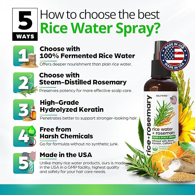NEW Fermented Rice Water Hair Growth Spray with Rosemary, Biotin, Keratin, Caffeine, Vitamins C & B5 - For Thinning Hair, Hairfall, Thicker, Longer, Softer Hair - All Hair Types - Men & Women