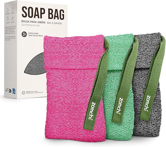 ZOMCHI 3 Pack Exfoliating Soap Bag, Body Scrubber Sponge, Soap Savers for Bar Soap, Soap Bar Pouch for Deep Exfoliation