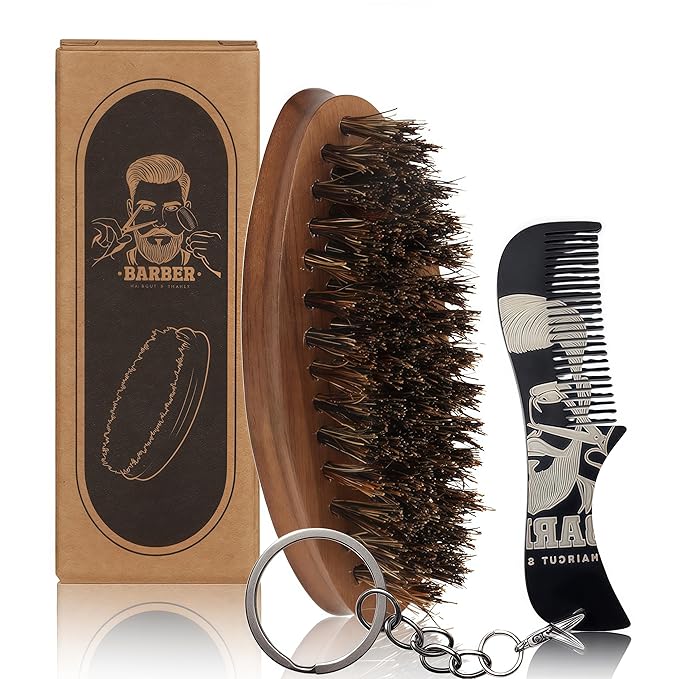 Pocket Mustache Brush and Travel Brush - Wooden Boar Bristle Beard Brush for Men with Small Metal Beard Comb, Perfect for Home and Travel Use - Samll