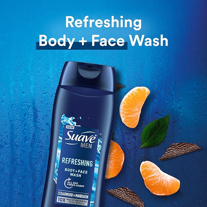 Suave Men Body Wash Variety 2-Pack – Refreshing Body + Face Wash, Cedarwood & Mandarin + Energizing Sport Body + Face Wash, Bergamot & Wood, 18 Oz Ea