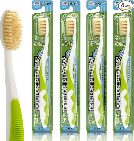 MOUTHWATCHERS Soft Flossing Toothbrushes, Value Pack of 4, Green, Manual Toothbrush for Adults, Ultra Clean, Good for Sensitive Teeth and Gums, by Dr. Plotka's