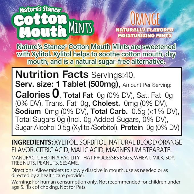 Nature’s Stance Cotton Mouth Xylitol Mints for Dry Mouth Relief - Sugar Free Mints, Stimulate Saliva & Freshen Breath, Throat, Teeth, Gums - Xylitol Lozenges, 40 Count (Orange)