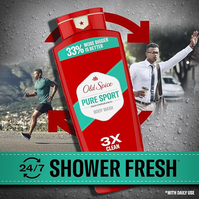 Old Spice Refreshing Body Wash for Men, High Endurance, 3X Defense, 24/7 Shower Fresh with Long Lasting Scent, Pure Sport Scent, 24 oz (Pack of 2)
