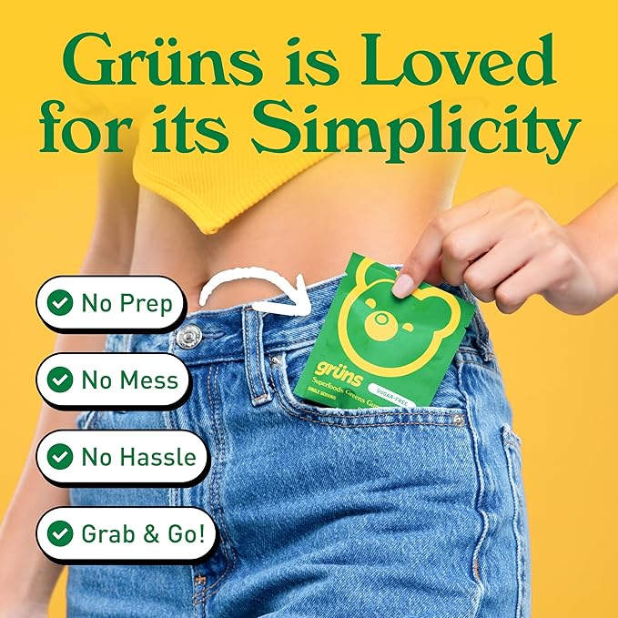 Gruns Adults Super Greens Multivitamin Gummies, Superfood Vitamin Gummy Bears with Spirulina, Chlorella, Prebiotic Fiber for Digestive Health, Adaptogens Supplement, 20 Vitamins & Minerals, 28 Count