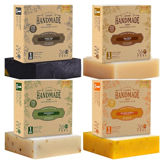 360Feel Mens Bar Soap - Made in the USA - Castile Handmade All Natural Cold Processed - Includes 4 Bold Masculine Scents: Bay Rum, Pine Tar Black Soap bar, Patchouli & Island Citrus (5oz, 4-Pack)