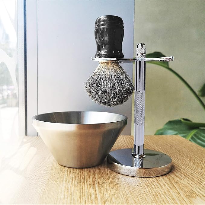 Je&Co Shaving Set,Pure badger Hair Shaving Brush with Steel Stand and Steel Bowl
