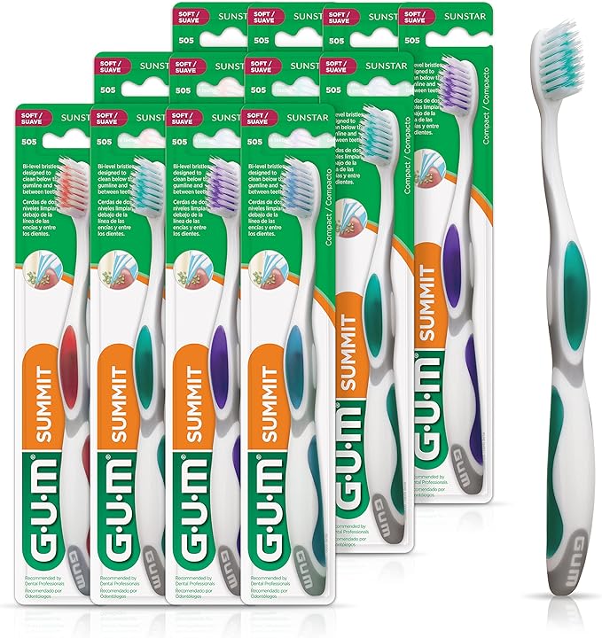 GUM Summit+ Soft Toothbrush, Ultra Fine Tapered Bristles for More Effective Plaque Removal, Extra Soft Toothbrushes for Adults, 12 Count
