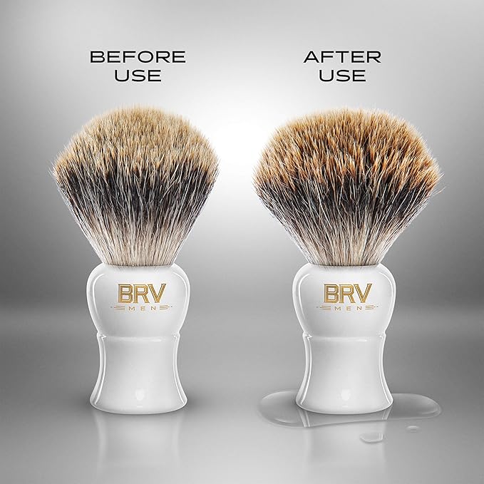 BRV MEN Pure Badger Shaving Brush LARGE (24mm knots) - Heavy Resin Handle - Use with Double-Edge Safety Razor, Straight Razor and Shaving Bowl - White