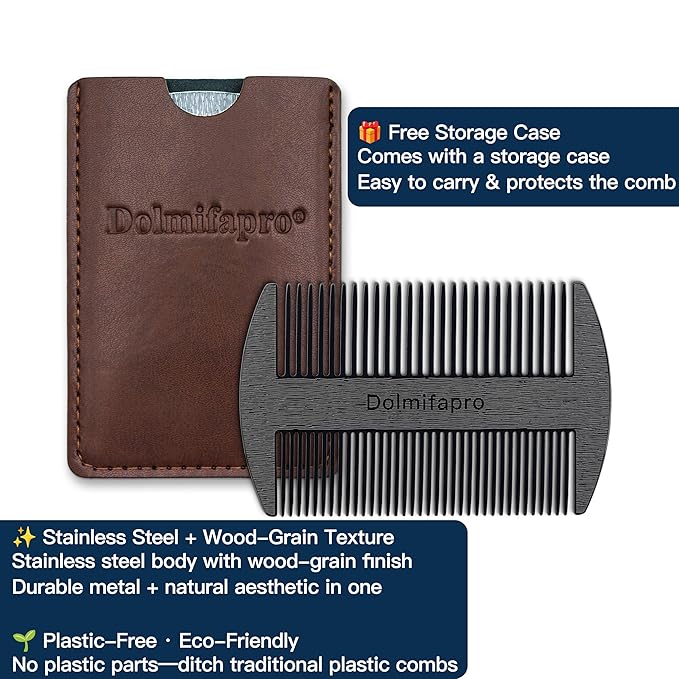 304 Stainless Steel Pocket Beard Comb for Men, Anti-Static Dual Fine Coarse Teeth Ultra-Thin Mustache Hair Grooming Comb with PU Leather Case (black)